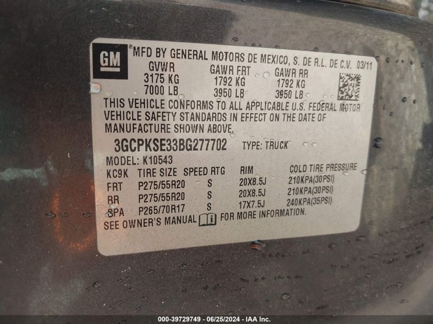 2011 Chevrolet Silverado 1500 Lt VIN: 3GCPKSE33BG277702 Lot: 39729749
