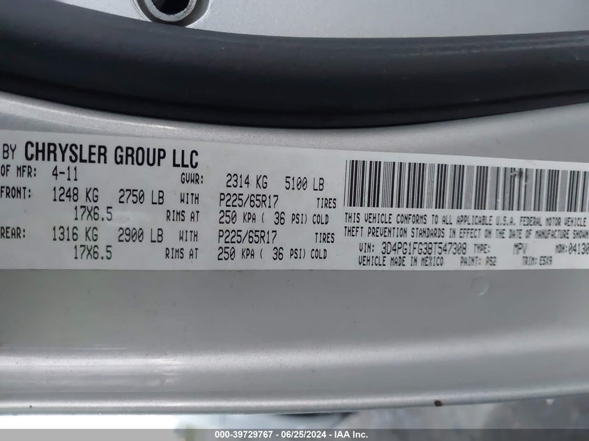 2011 Dodge Journey Mainstreet VIN: 3D4PG1FG3BT547308 Lot: 39729767