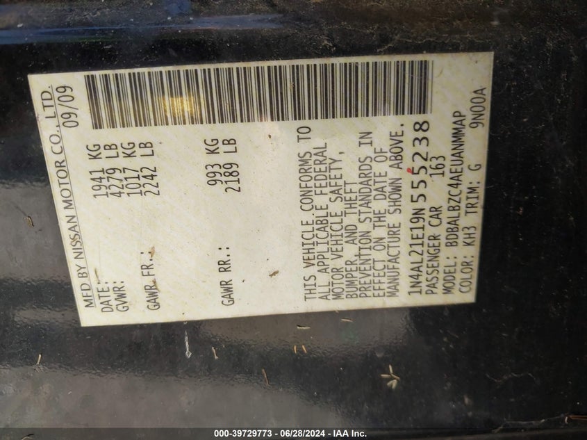 2009 Nissan Altima 2.5 S VIN: 1N4AL21E19N555238 Lot: 39729773
