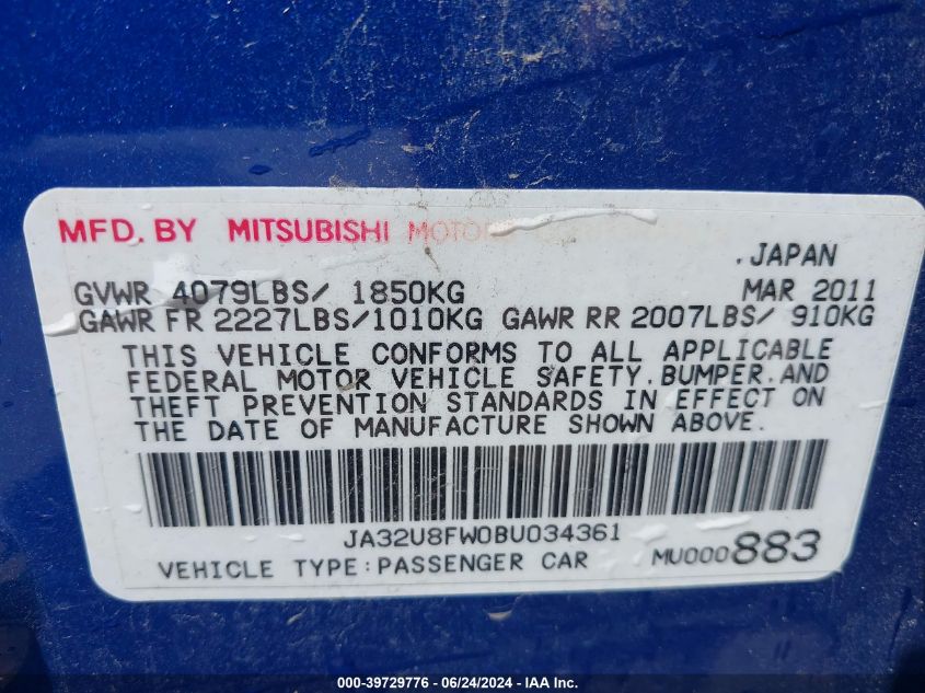 2011 Mitsubishi Lancer Gts VIN: JA32U8FW0BU034361 Lot: 39729776