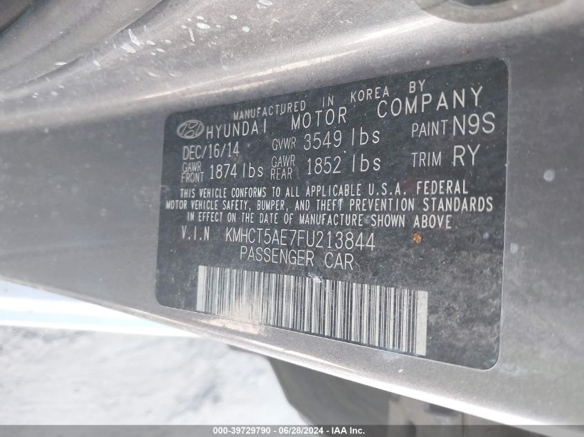 2015 Hyundai Accent Gs VIN: KMHCT5AE7FU213844 Lot: 39729790