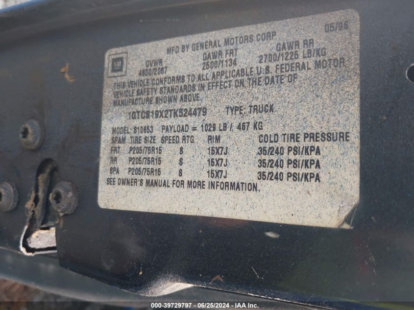 1996 GMC Sonoma VIN: 1GTCS19X2TK524479 Lot: 39729797