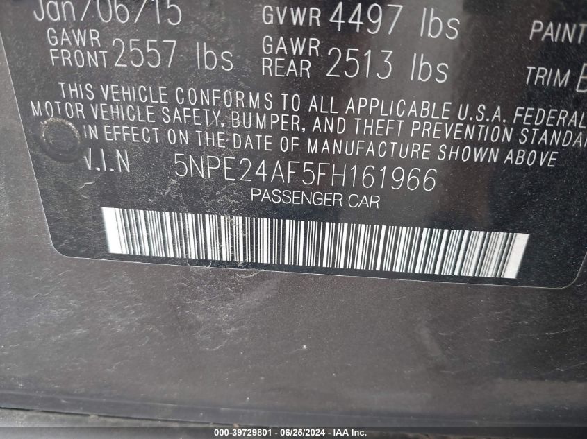 2015 Hyundai Sonata Se VIN: 5NPE24AF5FH161966 Lot: 39729801