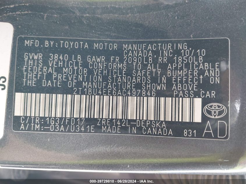 2010 Toyota Corolla S/Le/Xle VIN: 2T1BU4EE6AC497846 Lot: 39729810