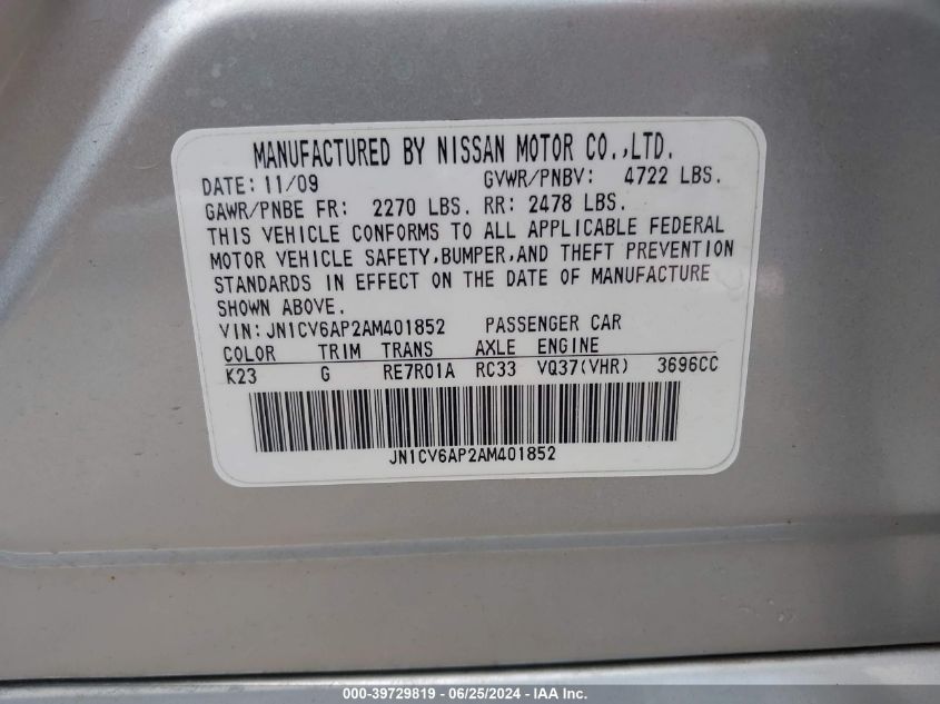 2010 Infiniti G37 Journey VIN: JN1CV6AP2AM401852 Lot: 39729819