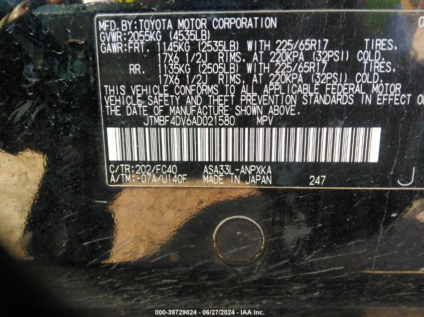 2010 Toyota Rav4 VIN: JTMBF4DV6AD021580 Lot: 39729824