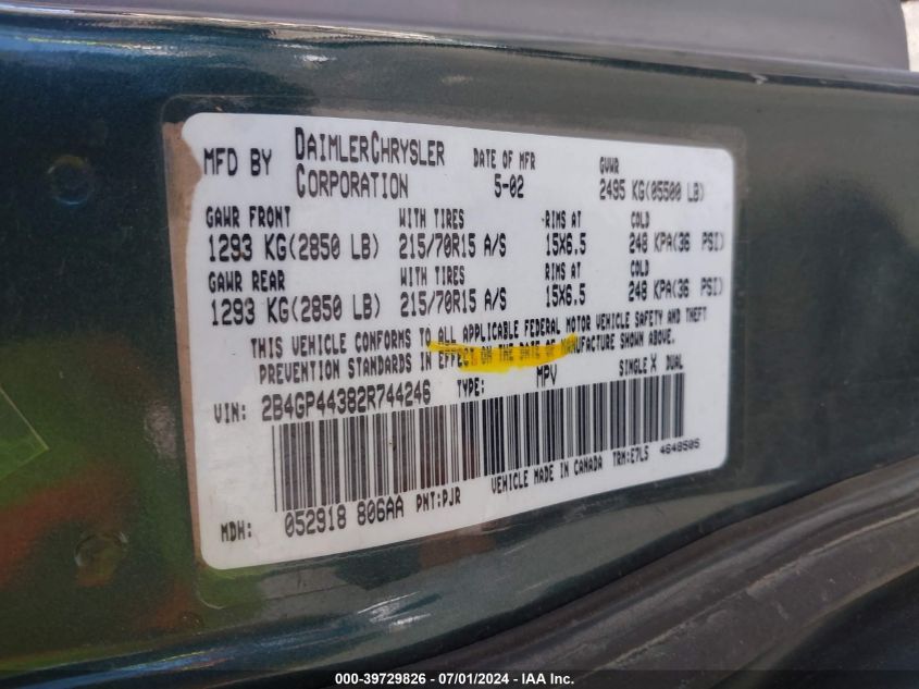 2002 Dodge Grand Caravan Sport VIN: 2B4GP44382R744246 Lot: 39729826