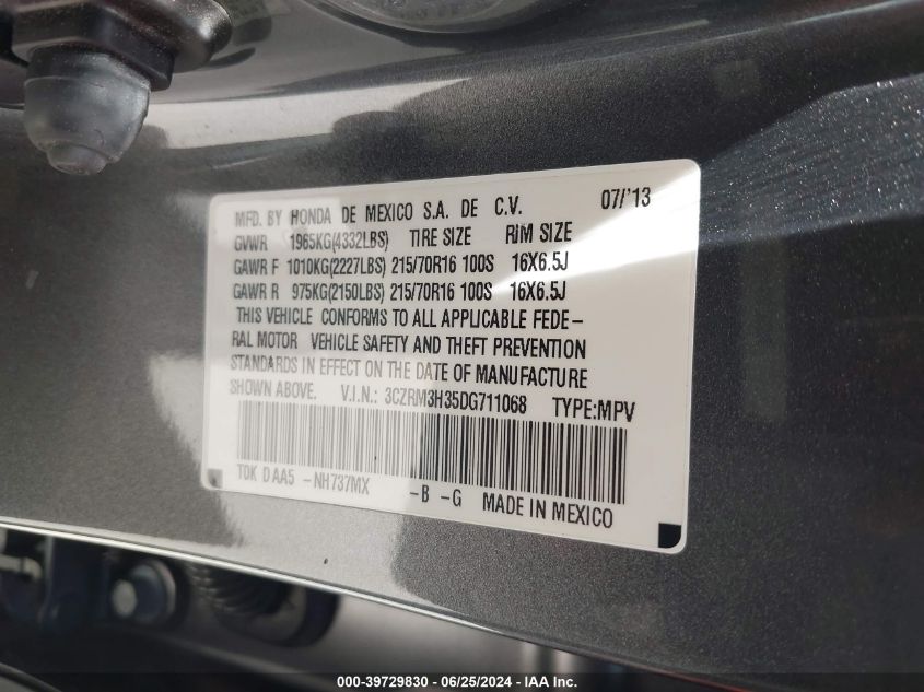 2013 Honda Cr-V Lx VIN: 3CZRM3H35DG711068 Lot: 39729830