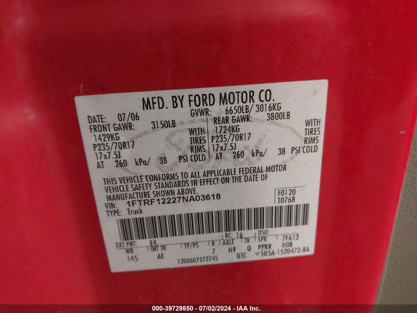 2007 Ford F-150 Stx/Xl/Xlt VIN: 1FTRF12227NA03618 Lot: 39729850