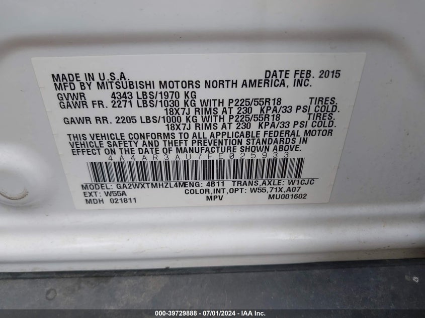 2015 Mitsubishi Outlander Sport Es VIN: 4A4AR3AU7FE025933 Lot: 39729888