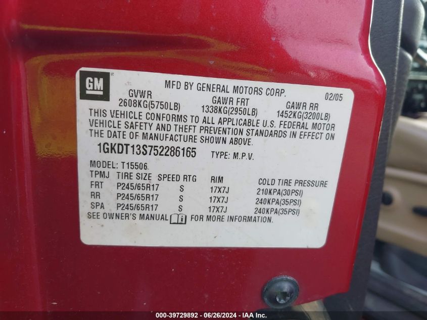 2005 GMC Envoy VIN: 1GKDT13S752286165 Lot: 39729892