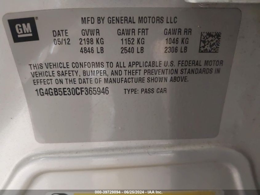 2012 Buick Lacrosse Convenience Group VIN: 1G4GB5E30CF365946 Lot: 39729894