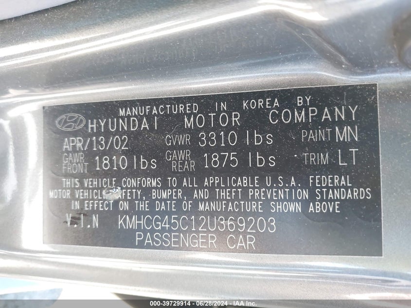 2002 Hyundai Accent Gl VIN: KMHCG45C12U369203 Lot: 39729914