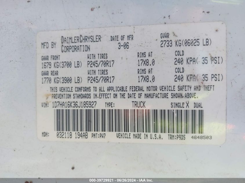 2006 Dodge Ram 1500 St VIN: 1D7HA16K36J185927 Lot: 39729921