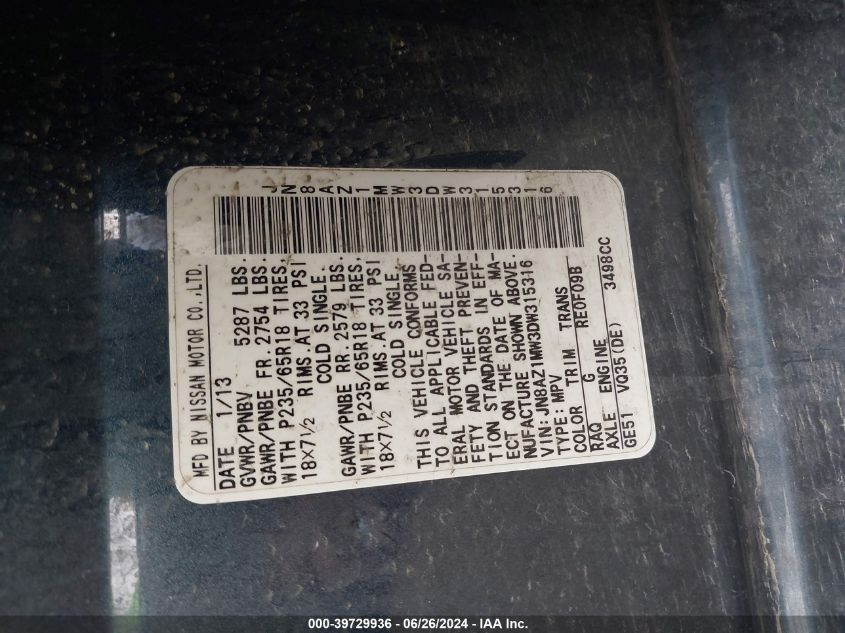 2013 Nissan Murano Sl VIN: JN8AZ1MW3DW315316 Lot: 39729936