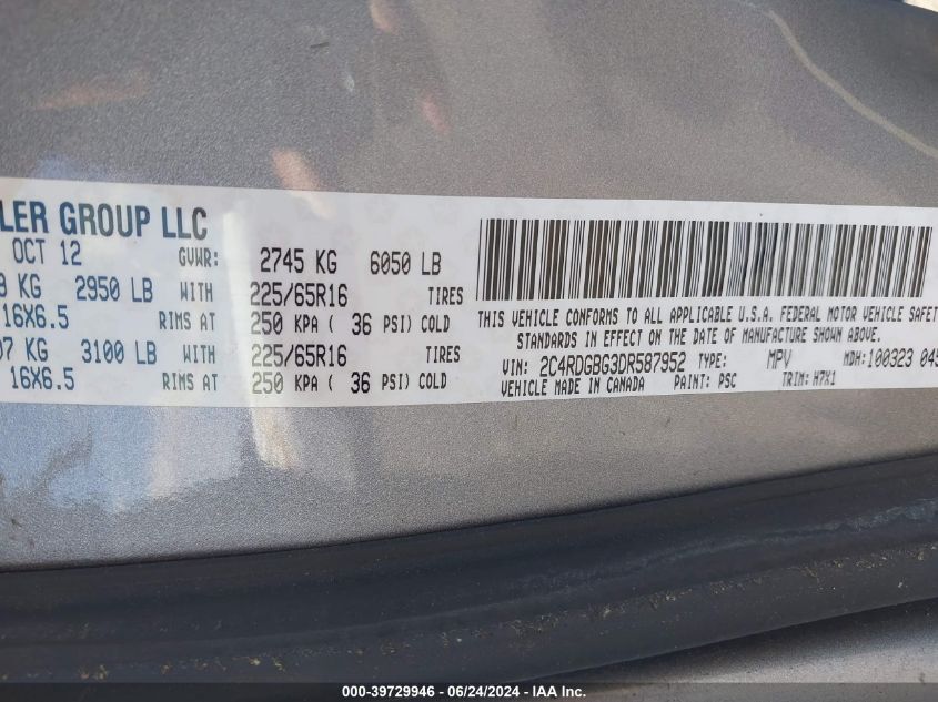 2013 Dodge Grand Caravan American Value Pkg VIN: 2C4RDGBG3DR587952 Lot: 39729946