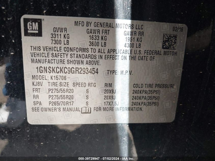 2016 Chevrolet Tahoe Ltz VIN: 1GNSKCKC9GR293454 Lot: 39729947