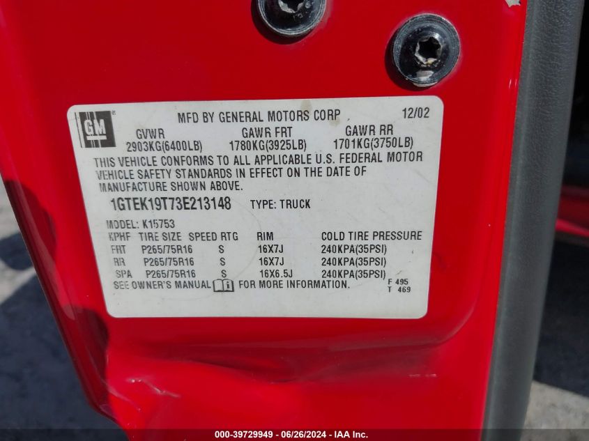 2003 GMC Sierra 1500 Sle VIN: 1GTEK19T73E213148 Lot: 39729949