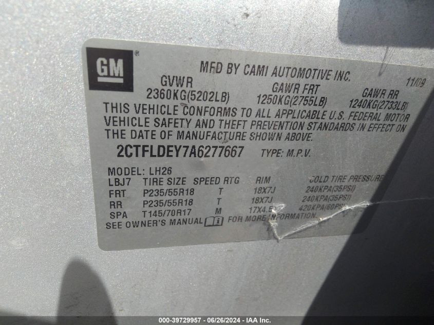 2010 GMC Terrain Sle-2 VIN: 2CTFLDEY7A6277667 Lot: 39729957