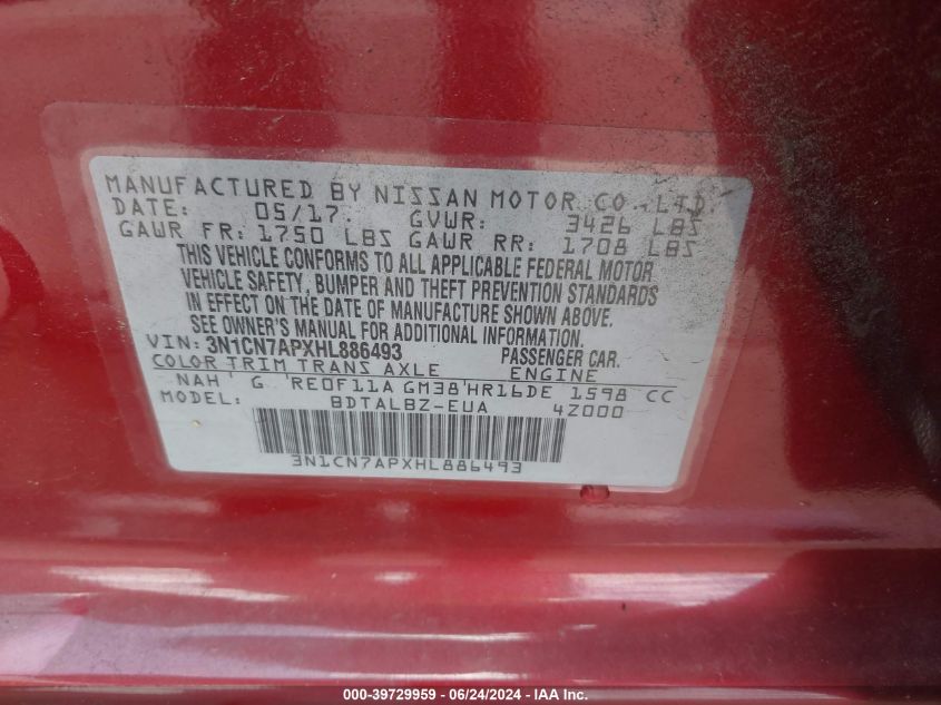 2017 Nissan Versa 1.6 Sv VIN: 3N1CN7APXHL886493 Lot: 39729959