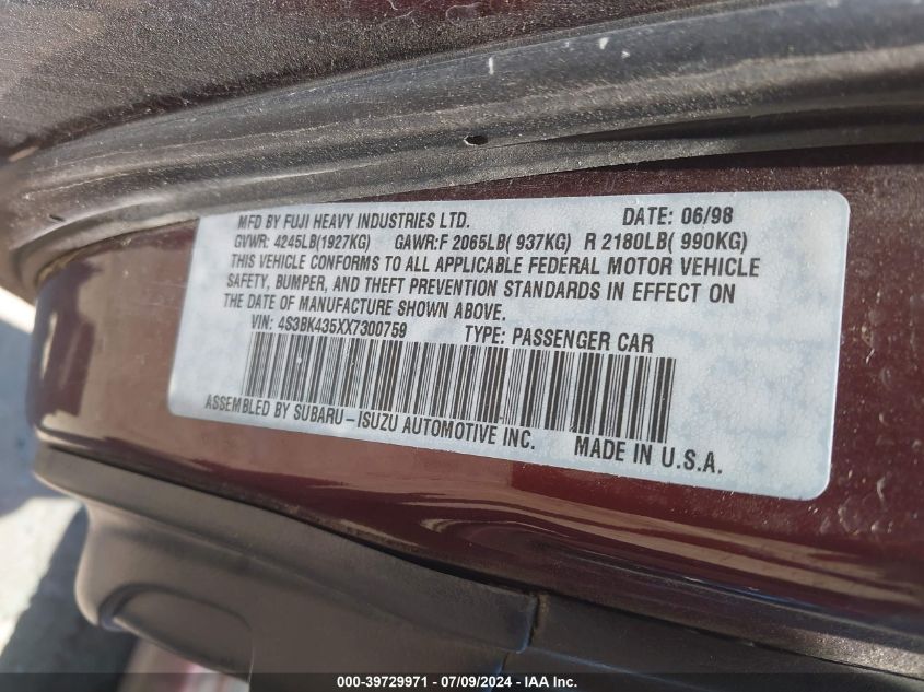 1999 Subaru Legacy 30Th Ann. L/L VIN: 4S3BK435XX7300759 Lot: 39729971