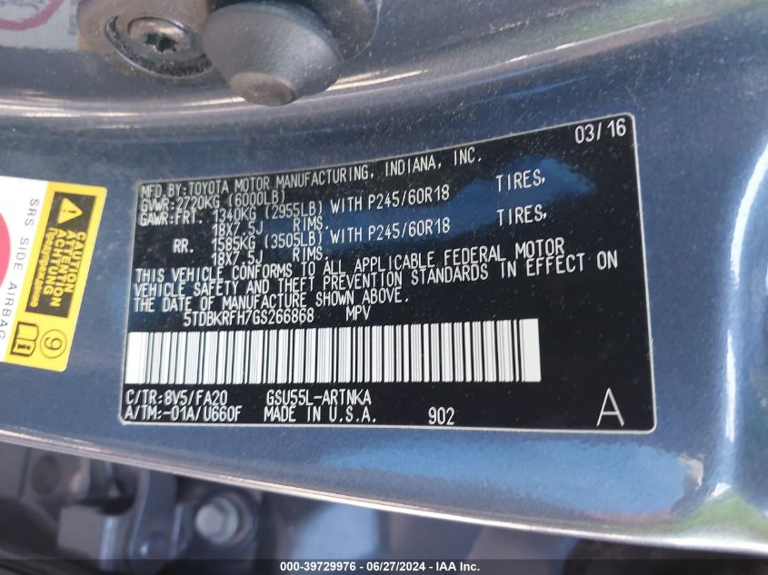 2016 Toyota Highlander Le Plus V6 VIN: 5TDBKRFH7GS266868 Lot: 39729976