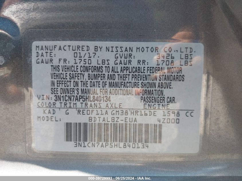 2017 Nissan Versa 1.6 Sv VIN: 3N1CN7AP5HL840134 Lot: 39729993