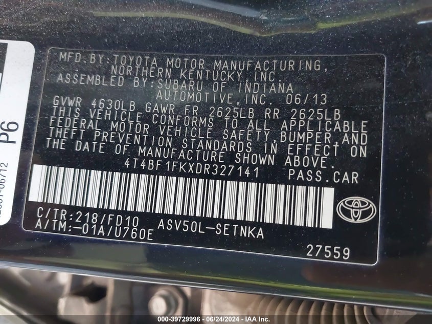 2013 Toyota Camry Le VIN: 4T4BF1FKXDR327141 Lot: 39729996