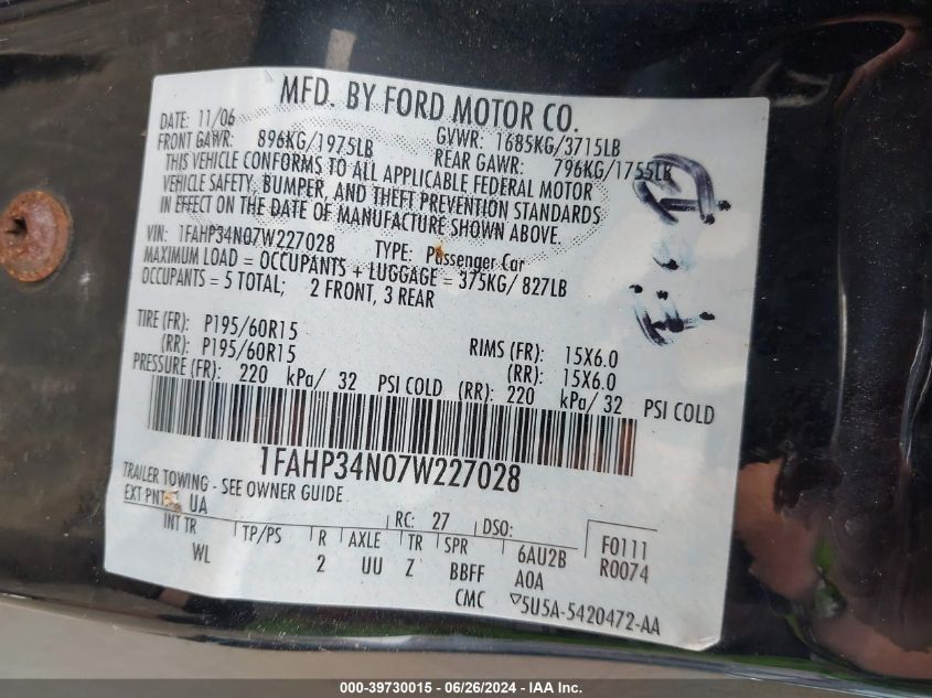 2007 Ford Focus Zx4/S/Se/Ses VIN: 1FAHP34N07W227028 Lot: 39730015