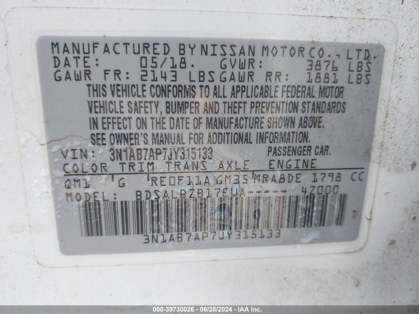 2018 Nissan Sentra S VIN: 3N1AB7AP7JY315133 Lot: 39730026