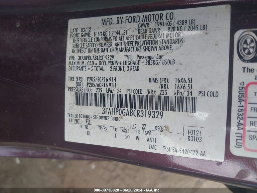 2012 Ford Fusion S VIN: 3FAHP0GA8CR319329 Lot: 39730028