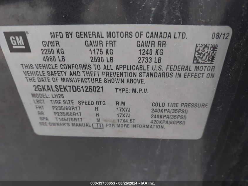 2013 GMC Terrain Sle-2 VIN: 2GKALSEK7D6126021 Lot: 39730053