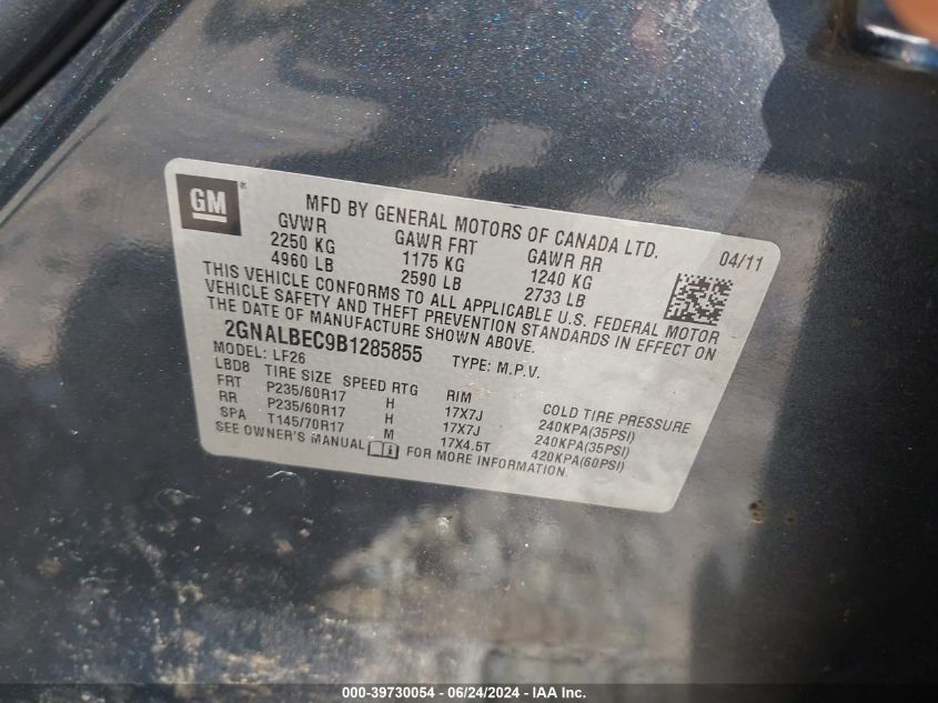 2011 Chevrolet Equinox Ls VIN: 2GNALBEC9B1285855 Lot: 39730054