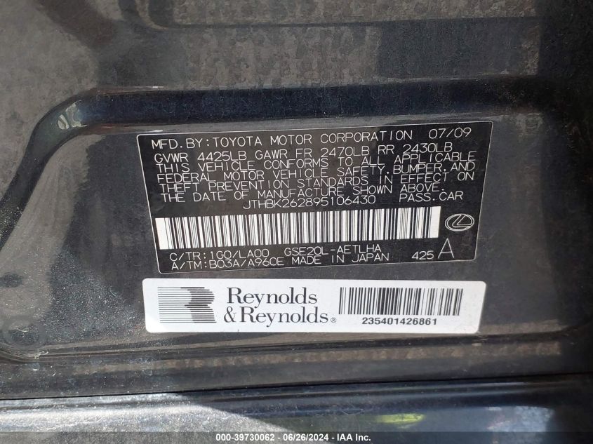 2009 Lexus Is 250 VIN: JTHBK262895106430 Lot: 39730062