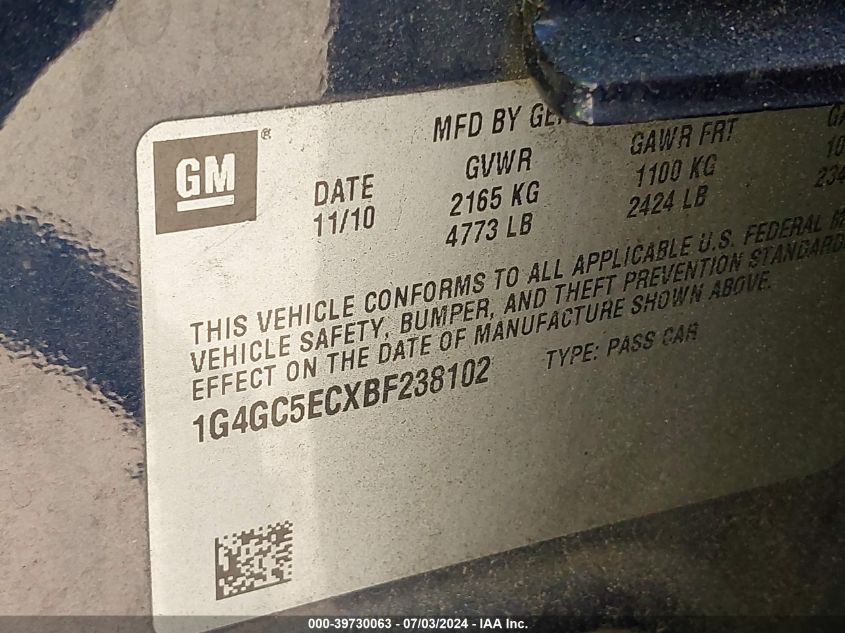 2011 Buick Lacrosse Cxl VIN: 1G4GC5ECXBF238102 Lot: 39730063