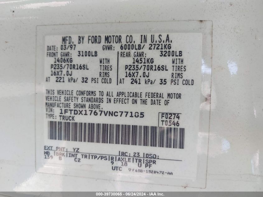 1997 Ford F-150 Lariat/Standard/Xl/Xlt VIN: 1FTDX1767VNC77185 Lot: 39730065
