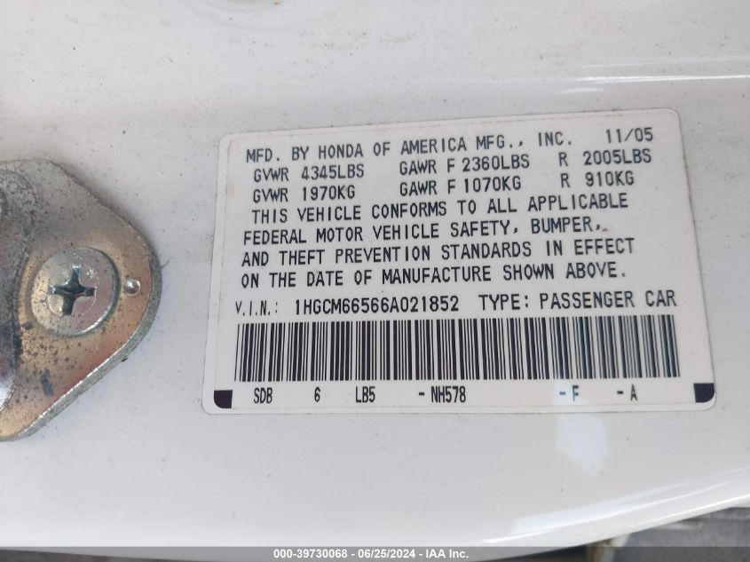 2006 Honda Accord 3.0 Ex VIN: 1HGCM66566A021852 Lot: 39730068