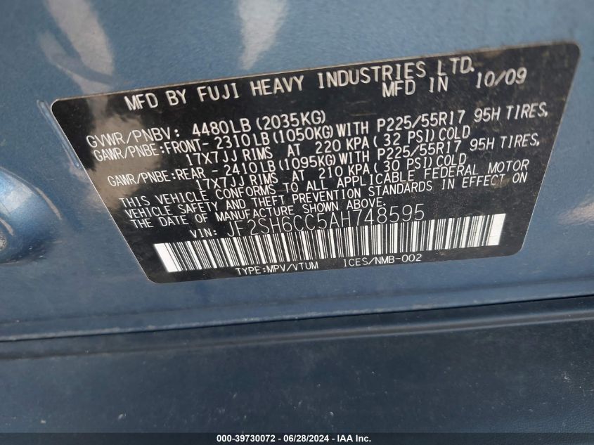 2010 Subaru Forester 2.5X Premium VIN: JF2SH6CC5AH748595 Lot: 39730072