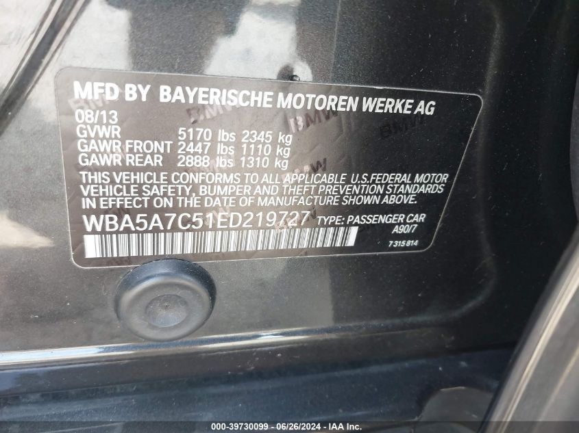 2014 BMW 528I xDrive VIN: WBA5A7C51ED219727 Lot: 39730099