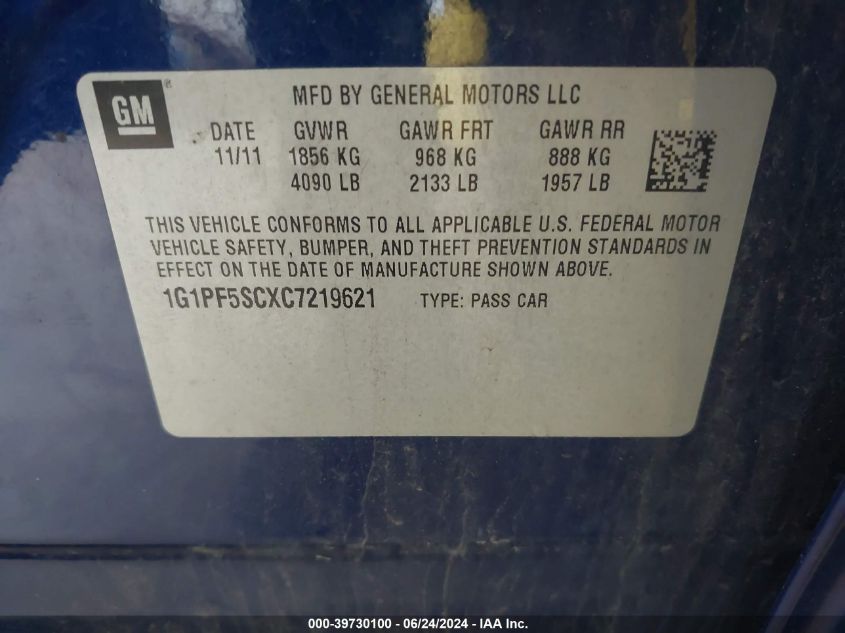 2012 Chevrolet Cruze 1Lt VIN: 1G1PF5SCXC7219621 Lot: 39730100