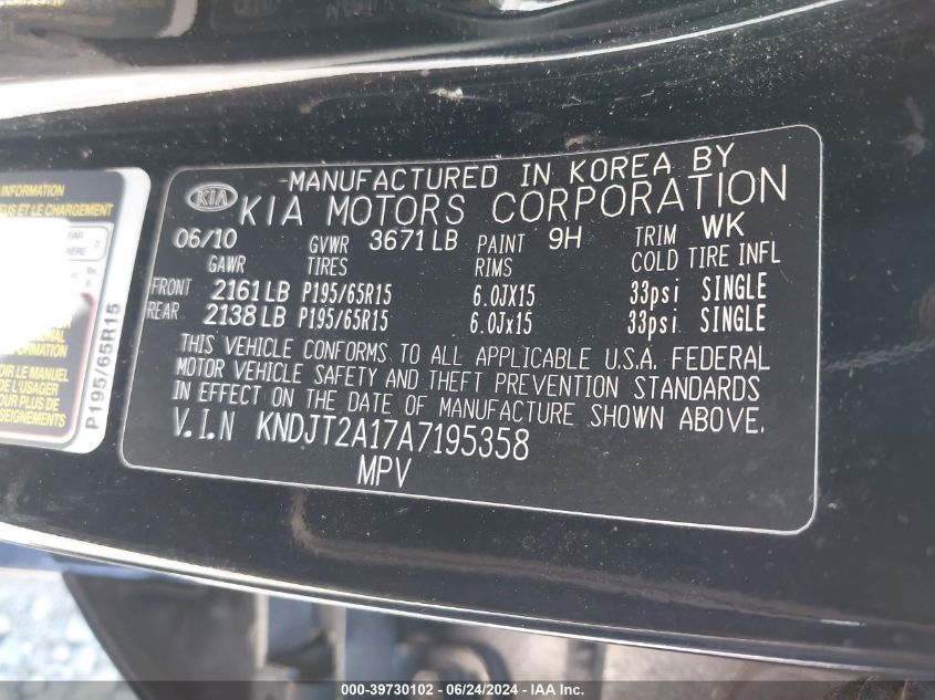 KNDJT2A17A7195358 | 2010 KIA SOUL