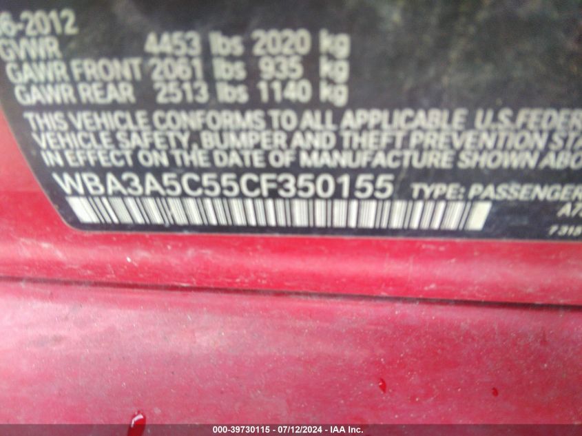 2012 BMW 328I VIN: WBA3A5C55CF350155 Lot: 39730115