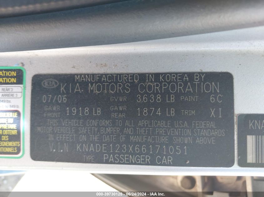 2006 Kia Rio Lx VIN: KNADE123X66171051 Lot: 39730125
