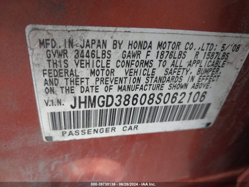 2008 Honda Fit Sport VIN: JHMGD38608S062106 Lot: 39730136