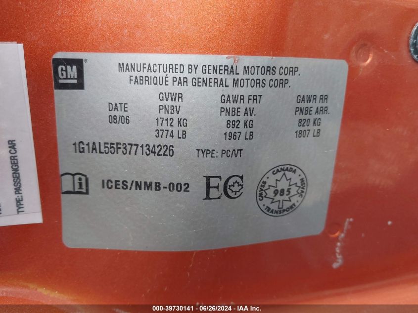 2007 Chevrolet Cobalt Lt VIN: 1G1AL55F377134226 Lot: 39730141