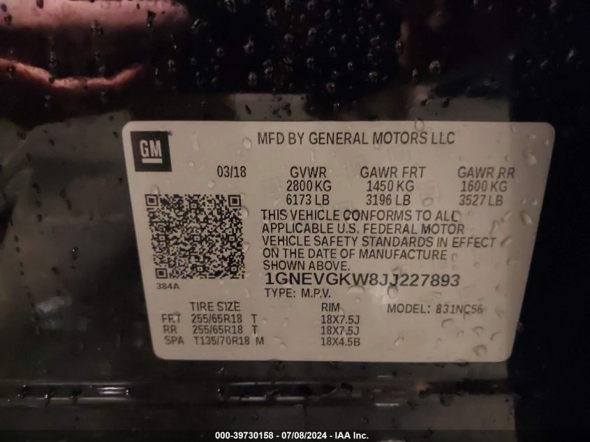 2018 Chevrolet Traverse 1Lt VIN: 1GNEVGKW8JJ227893 Lot: 39730158