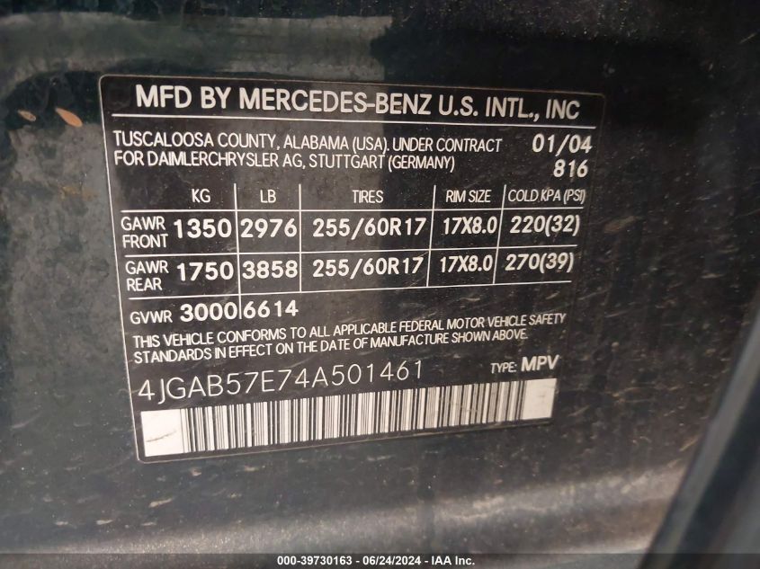 2004 Mercedes-Benz Ml 350 4Matic VIN: 4JGAB57E74A501461 Lot: 39730163