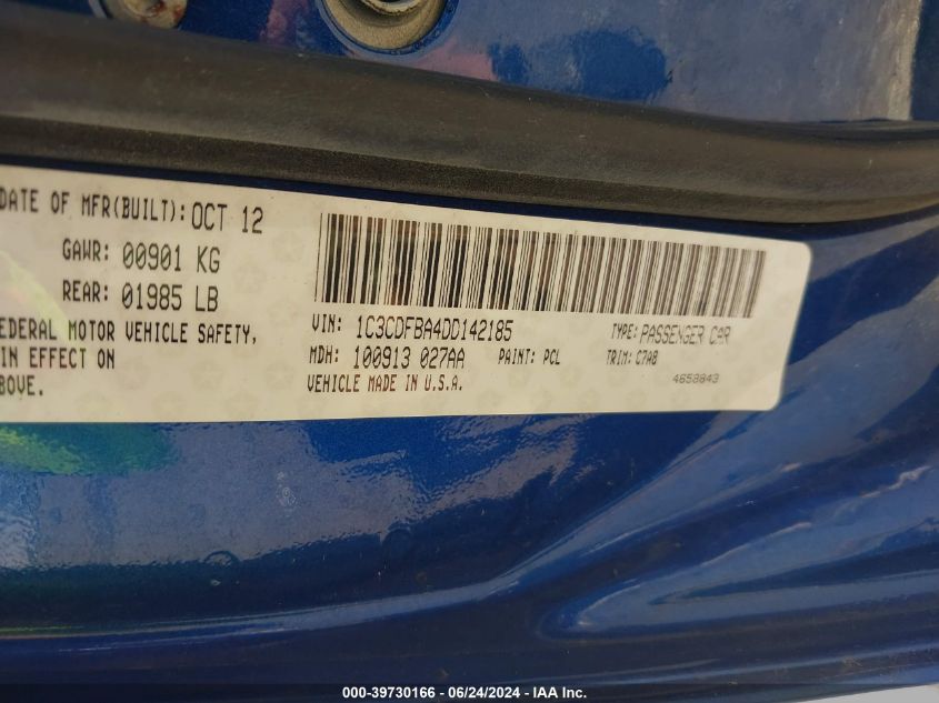 2013 Dodge Dart Rallye VIN: 1C3CDFBA4DD142185 Lot: 39730166