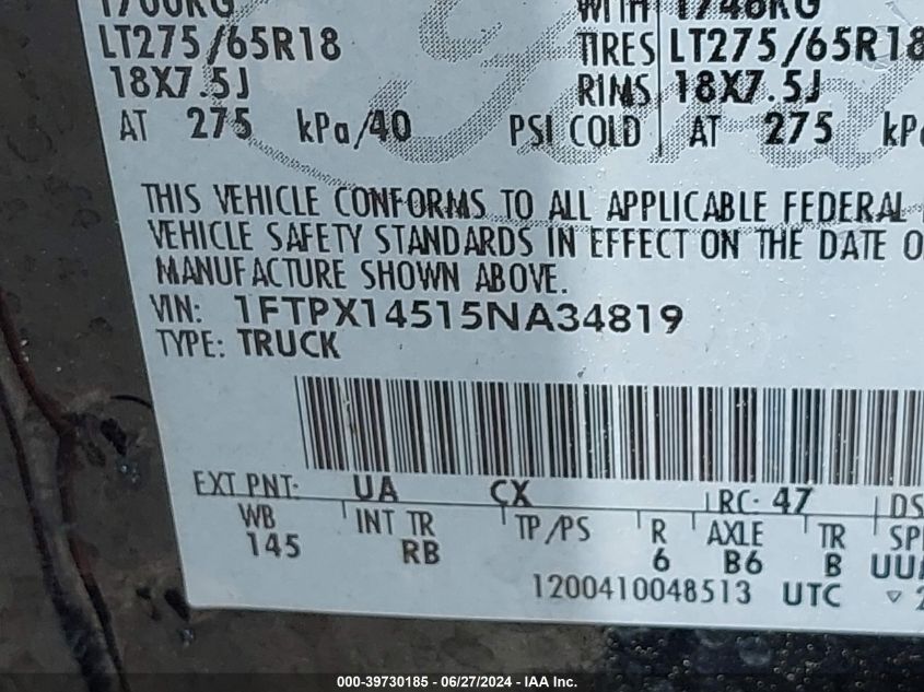 2005 Ford F-150 Fx4/Lariat/Xl/Xlt VIN: 1FTPX14515NA34819 Lot: 39730185