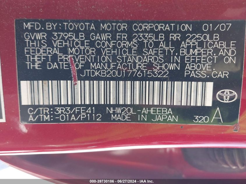 2007 Toyota Prius VIN: JTDKB20U177615322 Lot: 39730186